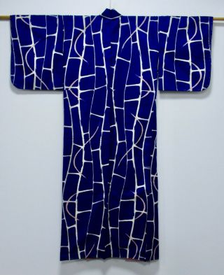 Japanese Silk Antique Kimono / Meisen / Indigo Blue / Rare / Silk Fabric /308