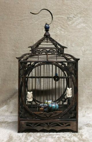 Antique Chinese Wood Bird Cage With Porcelain Jade Ivory Very Decorative