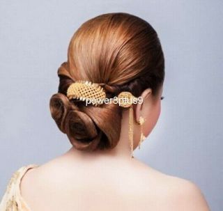 Women Hair Stick Barrette Bun Gold Pin Clip Accessories Thai Wedding Dress Show 3