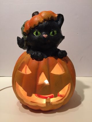 Rare Light Up Jack - O - Lantern Pumpkin W/ Black Cat Cord 1996
