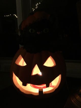 Rare Light Up Jack - O - Lantern Pumpkin w/ Black Cat Cord 1996 4