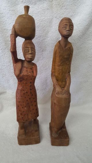 Vintage Hand Carved Wood African Man & Woman Figures Statues Kenya Tribal