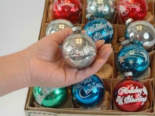 Vintage Shiny Brite Box Wiht 12 Glass Christmas Tree Ornaments Stenciled Designs