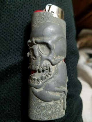 Vtg Heavy Metal Cover Case Bic Cigarette Lighter Holder Skull Skeleton Cryptic