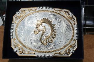 Nib Montana Silversmiths Belt Buckle Silver Gold Filagree Horse 25815 - 909$save$