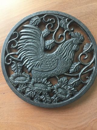 Vintage Black Cast Iron Rooster Trivet 10 " Scrollwork Footed Wall Decor Hotplate