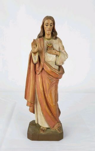 Antique Carved Polychrome Sacred Heart Of Jesus Carving Statue Religious Icon