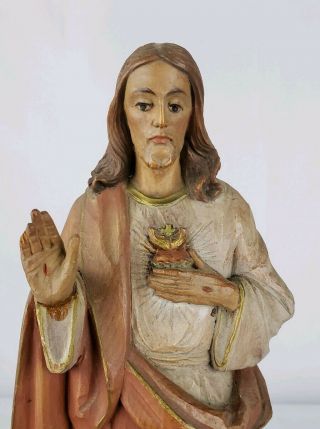ANTIQUE CARVED POLYCHROME SACRED HEART OF JESUS CARVING STATUE RELIGIOUS ICON 2