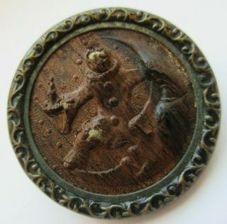 Outstanding Large Antique Vtg Carved Wood Metal Picture Button Man In Moon (g)