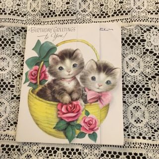 Vintage Greeting Card Birthday Rust Craft Cute Kittens Cats In Basket