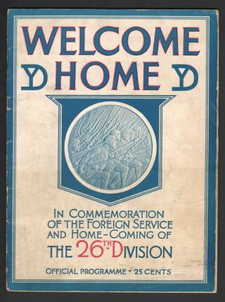 1919 Wwi 26th Yankee Division Welcome Home Dinner Program