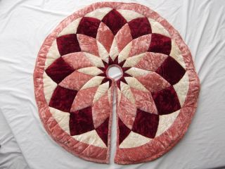 44in Crushed Velvet Burgundy Pink Victorian Puffy Quilted Xmas Tree Skirt