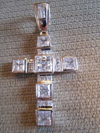 Vintage 925 Sterling Silver And Clear Rhinestone Cross Pendant Large