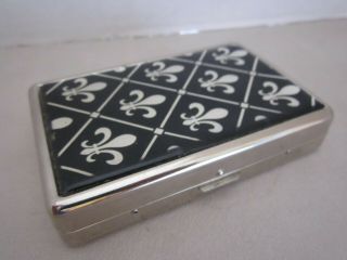 Vintage Metal Cigarette Case Box Holder.  Silver & Black.  Fleur De Lis.  3 " X4 "