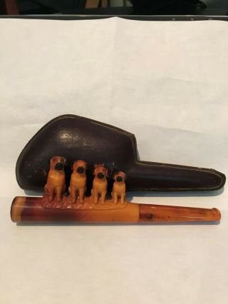 Antique Hand Carved Meerschaum Pipe W/ Case,  4 Dogs (mfg: C.  Kutschera)