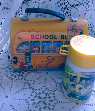 Mickey Mouse School Bus Lunch Box Walt Disney Metal Plastic Thermos