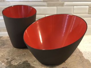 Vintage Krenit Denmark Herbert Krenchel Orange/red Enamel Bowls Set Of 2