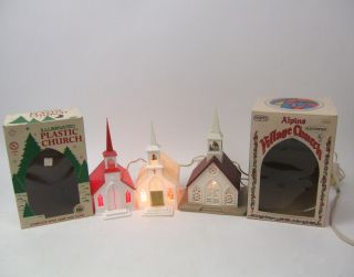 Set Of 3 Vintage Hard Plastic Lighted Churches - All
