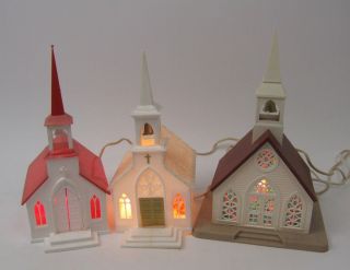 Set of 3 Vintage Hard Plastic Lighted Churches - All 2