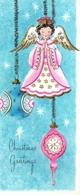 Mid Century Christmas Card W Vintge Pink,  Blue Ornaments & Angel Hang From Tinsel