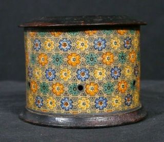 Antique Tartanware Style Round Sewing Thread Box Holds Six Spools