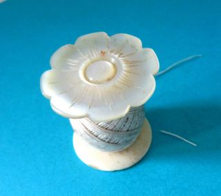 Antique,  Pretty Carved Mother Of Pearl Flower Top Sewing Thread Spool