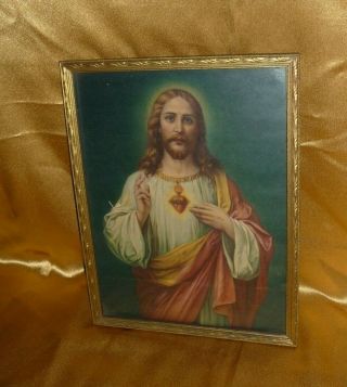 Antique Sacred Heart Picture Of Jesus Christ In Wood Frame,  9x12 "