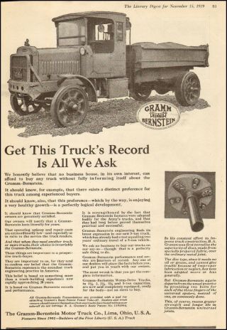 1919 Classic Antique Truck Ad,  Gramm Bernstein Pioneer 5 T Dump Truck 040317