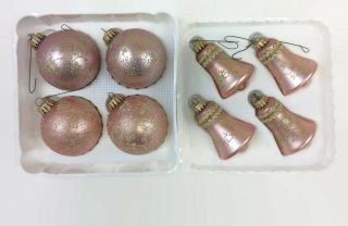 Christmas By Krebs Vintage Pink Glitter Stencil Glass 8 Ornaments Bells W/ Boxes