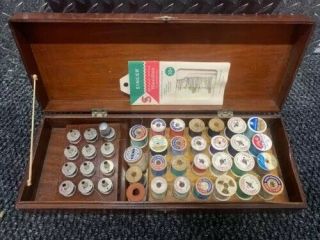 Antique Wooden Sewing Machine Accessory Box With Bobbins And Spools Of Thread