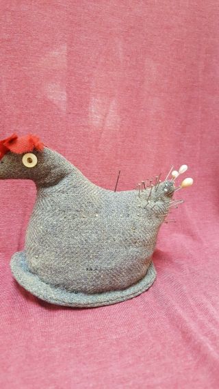 Vintage Folk Art Chicken Pin Cushion,  Red Fabric Comb.  Gabardine Wool Farmhouse