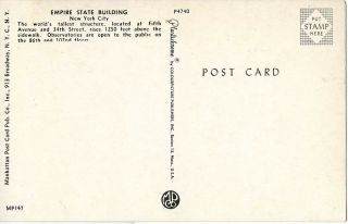 Empire State Building Vintage Postcard York City 1950 1960 2