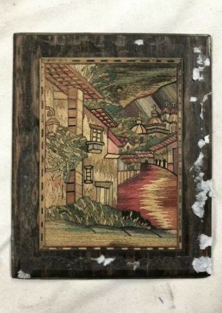 Vintage Folk Art Mexican Straw Painting Mexico Churches Hills 8x10” Primitive
