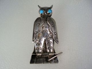 Old Navajo Stamped Sterling Silver & Turquoise Owl Pin