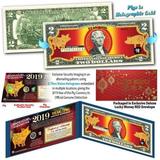 2019 Chinese Year Us $2 Bill Year Of The Pig Gold Hologram Lunar Red