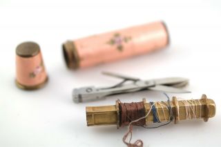 Vintage Enamel Brass Sewing Thimble Case W Tools Thread Scissors