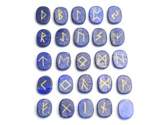 Natural Lapis Lazuli Palm Stones Engraved Pagan Lettering Wiccan Rune Stones Set
