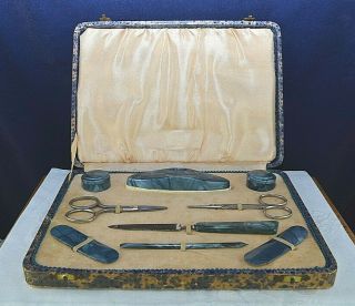 Vintage Blue Celluloid Manicure Set Case Complete Old Antique Nail Vanity Box