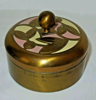 Vintage Chase Brass Powder Jar Art Deco Enamel Design Glass Insert Vanity Box