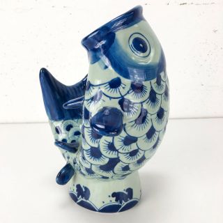 Vintage Chinese Style Ceramic Blue White Fish Vase Open Mouth