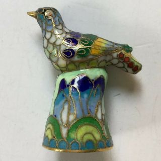 Vintage Chinese Cloisonne Enamel Sewing Thimble Figurine Bird Finial Multicolor