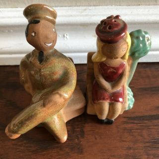 Vintage Pottery Salt & Pepper Shakers Serviceman ? With Lady Hallmarked