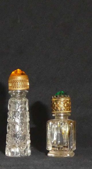 Two Czech Glass Miniature Perfume Bottles With Brass & Jewel Tops