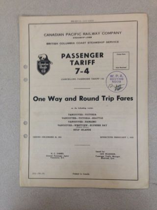 1951 Canadian Pacific Railway Company Passenger Tariff 7 - 4 One Way & Round Trip