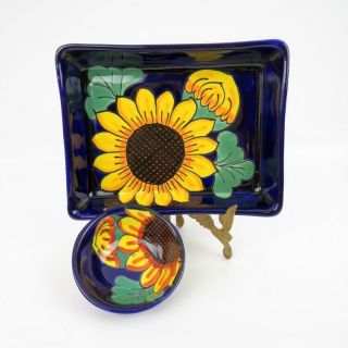 Talavera Mexico Pottery Yellow Sunflower Chips And Dip Bowl Signed Lead Mex
