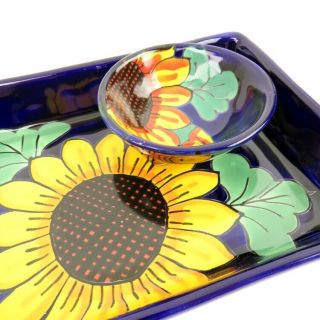 Talavera Mexico Pottery Yellow Sunflower Chips and Dip Bowl Signed Lead MEX 2