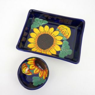 Talavera Mexico Pottery Yellow Sunflower Chips and Dip Bowl Signed Lead MEX 3