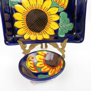 Talavera Mexico Pottery Yellow Sunflower Chips and Dip Bowl Signed Lead MEX 4