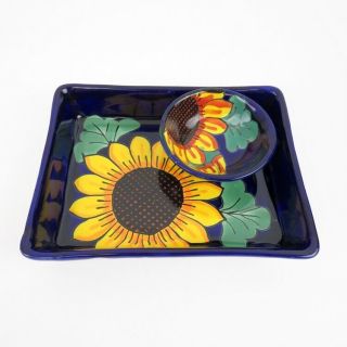 Talavera Mexico Pottery Yellow Sunflower Chips and Dip Bowl Signed Lead MEX 5