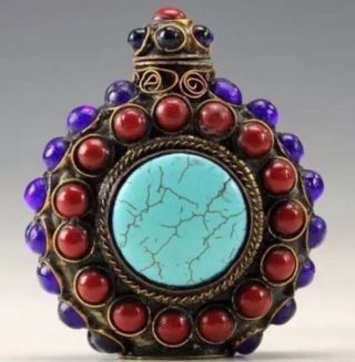 Oriental Vintage Silver Inlay Turquoise& Beads Snuff Bottle